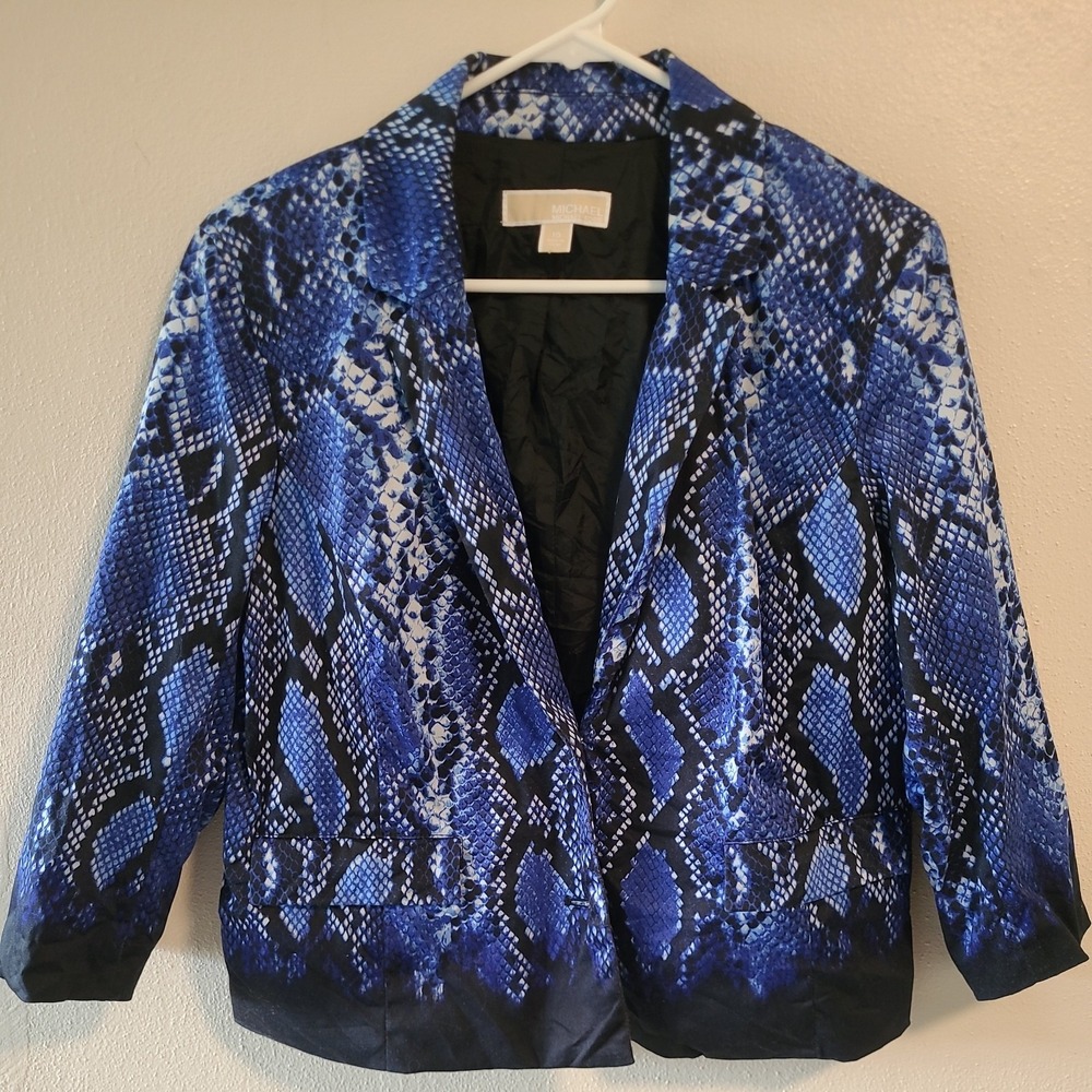 Michael Kors Womens Blazer Jacket Blue Black Snake Skin 10 Cotton Lined buttons